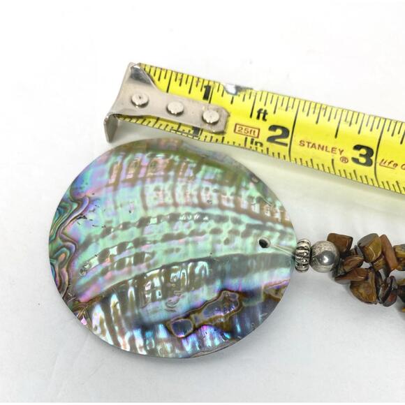 Vintage Abalone Medallion Disc Necklace Tigers Eye chips polished stones Brown - Picture 12 of 12